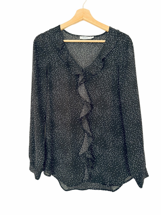 Ricki's Tops - RICKIS BLACK AND WHITE POLKA DOT LIGHTWEIGHT RUFFLE FRONT TOP/BLOUSE, SIZE 4